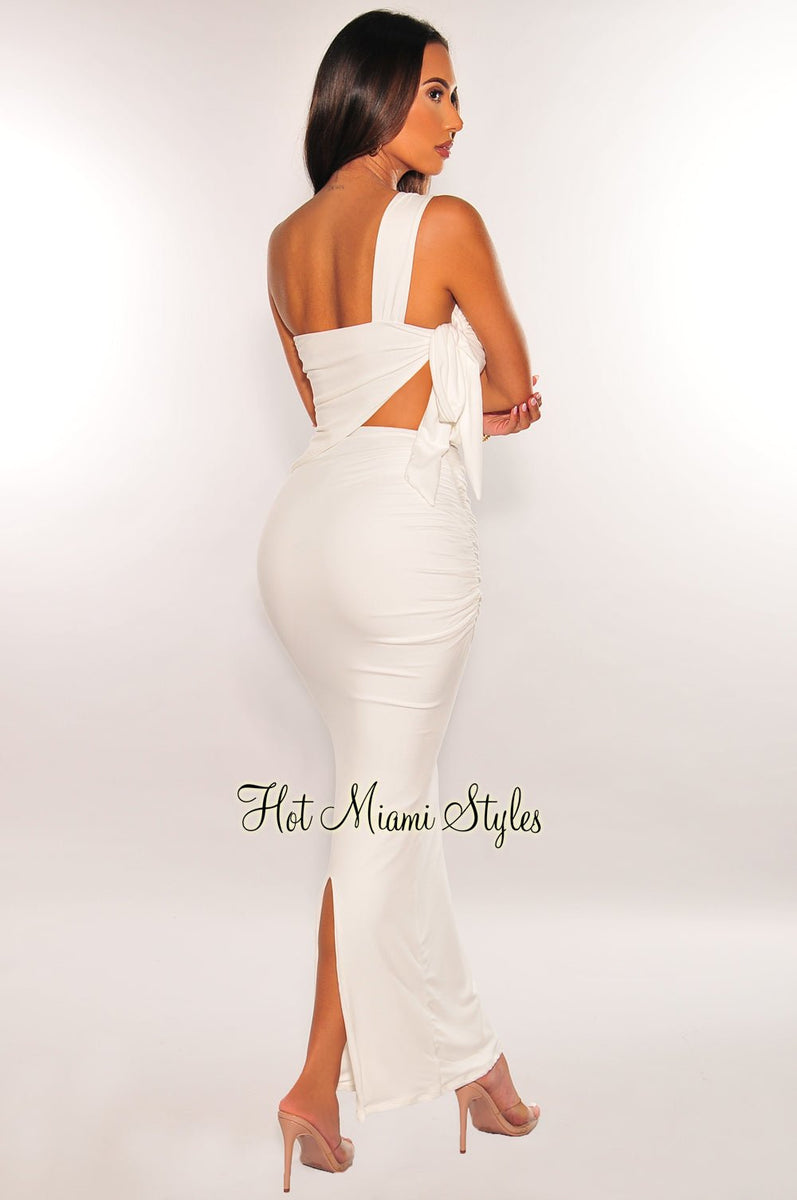 White One Shoulder Asymmetrical Tie Up High Waist Skirt Two