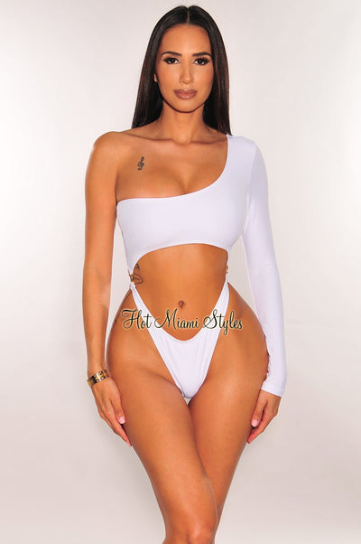 White One Sleeve Cut Out O-Ring High Cut Swimsuit - Hot Miami Styles