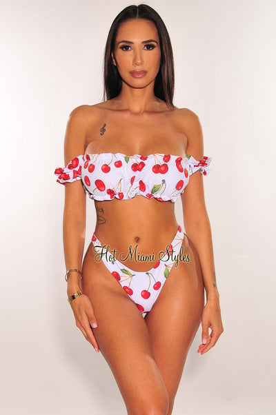 White Red Cherry Off Shoulder Ruffle Trim Bikini - Hot Miami Styles