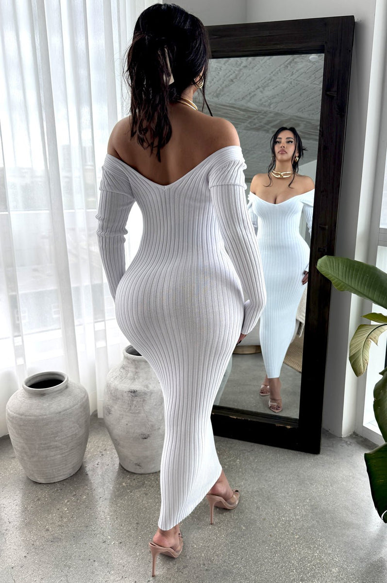 White Ribbed Knit Long Sleeves Dress – Hot Miami Styles