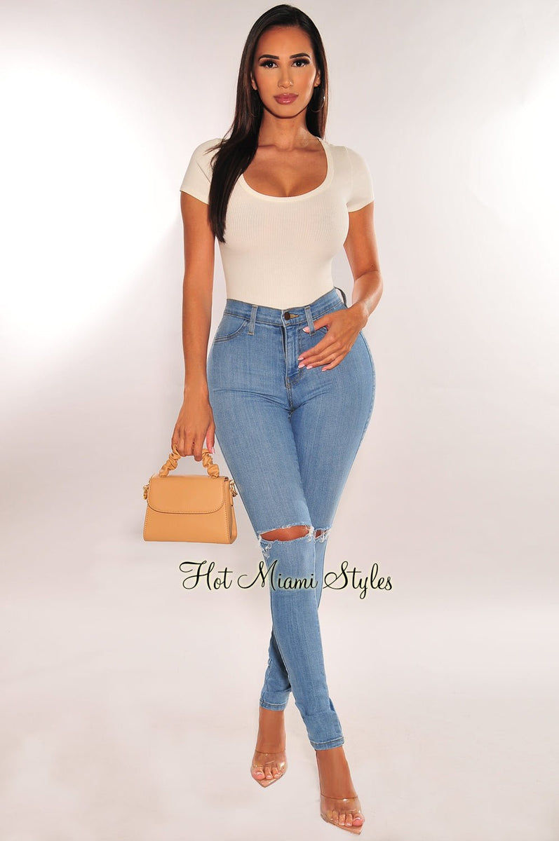 White Ribbed Round Neck Short Sleeve Thong Bodysuit – Hot Miami Styles