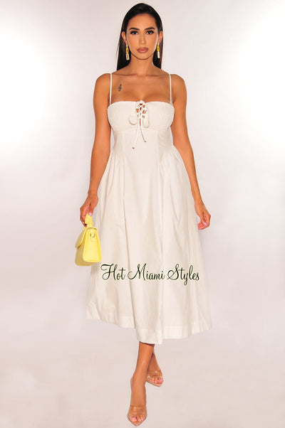 White Smocked Lace Up Spaghetti Straps Cami Dress - Hot Miami Styles