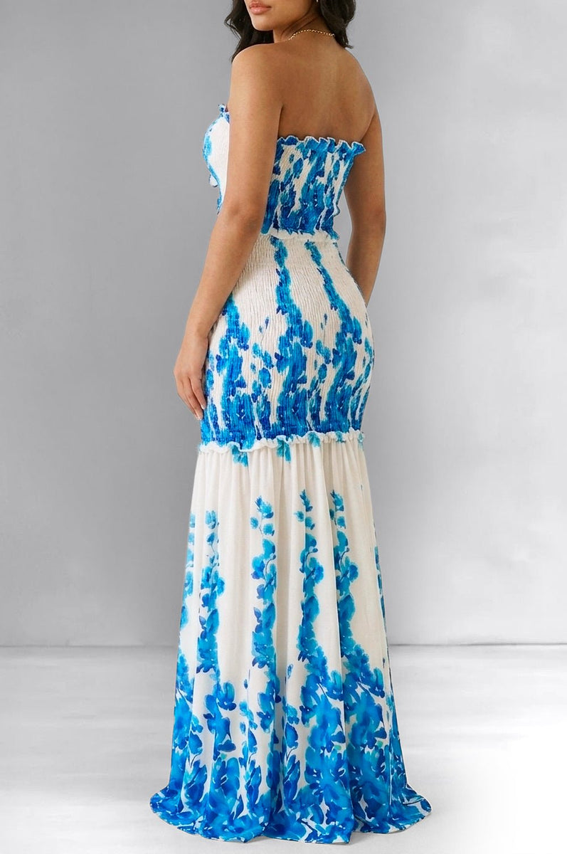 White Turquoise Strapless Floral Print Smocked Maxi Dress Large