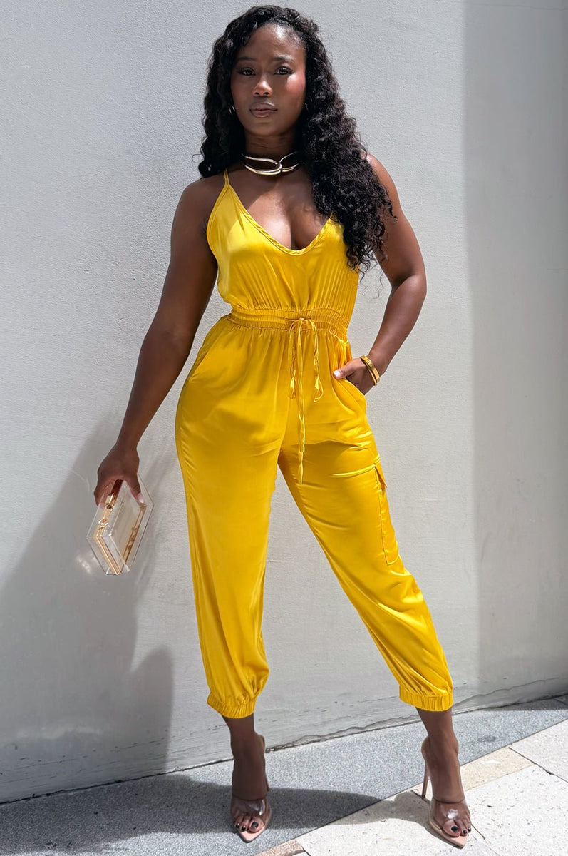 Yellow Gold Satin Spaghetti Strap Snatched Jumpsuit – Hot Miami Styles