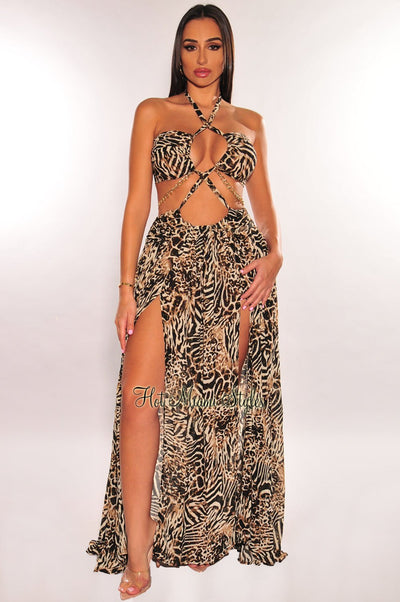 Animal Print Halter Cut Out Gold Chain Belted Double Slit Maxi Dress - Hot Miami Styles