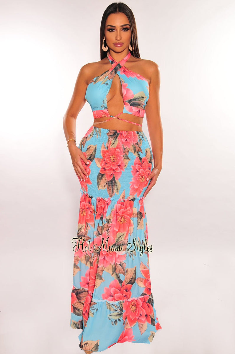 Aqua Floral Print Halter Cross Tie Up Smocked Maxi Skirt Two Piece Set