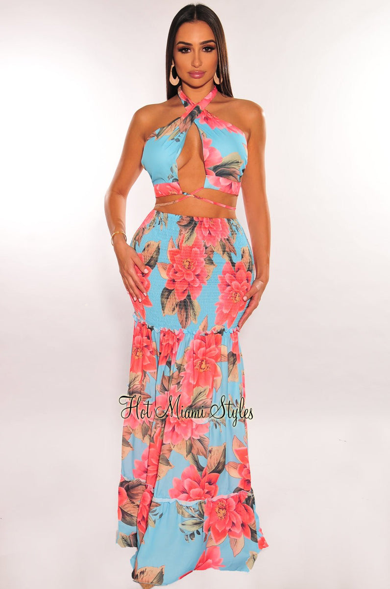 Aqua floral 2024 maxi dress