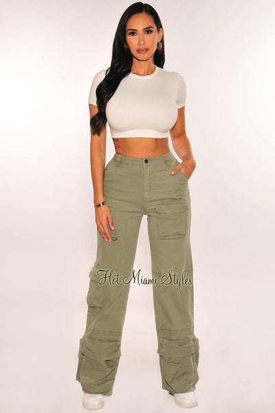 Army Green High Waist Wide Leg Cargo Jeans - Hot Miami Styles