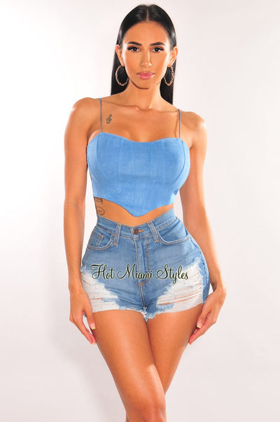 Baby Blue Elastic Straps Bustier Curved Hem Crop Top - Hot Miami Styles