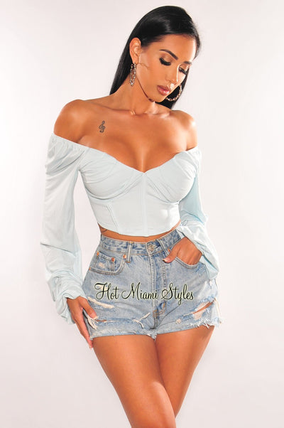 Baby Blue Long Sleeve Lace Up Back Bustier Crop Top - Hot Miami Styles