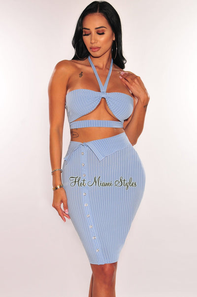 Baby Blue Ribbed Halter Cut Out Button Up Skirt Two Piece Set - Hot Miami Styles
