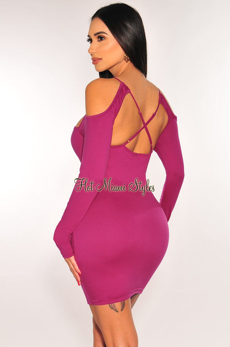 Berry Cut Out Crisscross Long Sleeve Mini Dress Hot Miami Styles