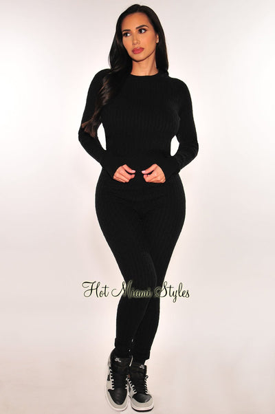 Black Cable Knit Round Neck Long Sleeve Pants Two Piece Set - Hot Miami Styles