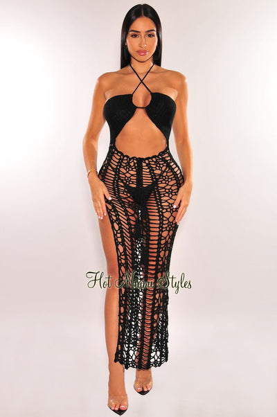 Black Crochet Cut Out Criss Cross Halter Open Back Cover Up Dress - Hot Miami Styles