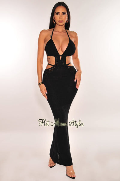 Black Crochet Halter Cut Out Open Back Mermaid Cover Up Dress - Hot Miami Styles