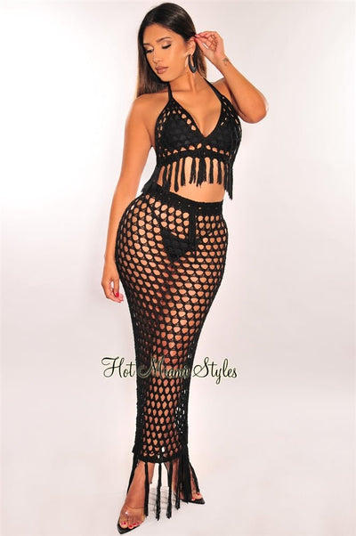 Black Crochet Halter Fringe Skirt Two Piece Set Cover Up - Hot Miami Styles