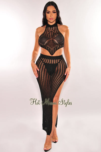 Black Crochet Halter Hanky Tie Up Slit Skirt Cover Up Two Piece Set - Hot Miami Styles