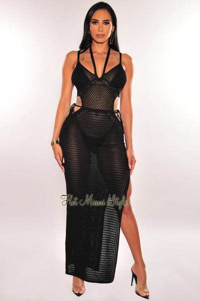 Black Crochet Halter Spaghetti Straps Cut Out Slit Cover Up Dress - Hot Miami Styles