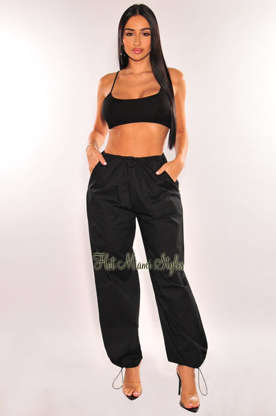 Black Crop Top Parachute Palazzo Pants Two Piece Set - Hot Miami Styles