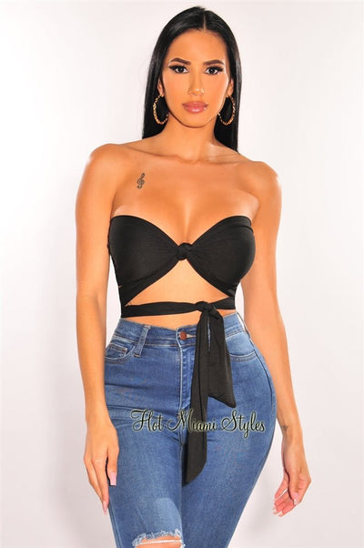 Black Double Lined Multiwear Bandeau Tie Up Crop Top - Hot Miami Styles