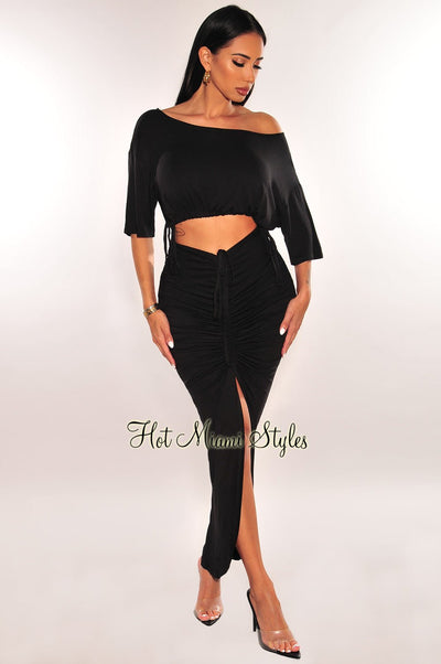 Black Drawstring Ruched Slit Skirt Two Piece Set - Hot Miami Styles