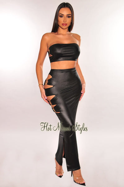 Black Faux Leather Bandeau Gold Ring Cut Out Slit Skirt Two Piece Set - Hot Miami Styles
