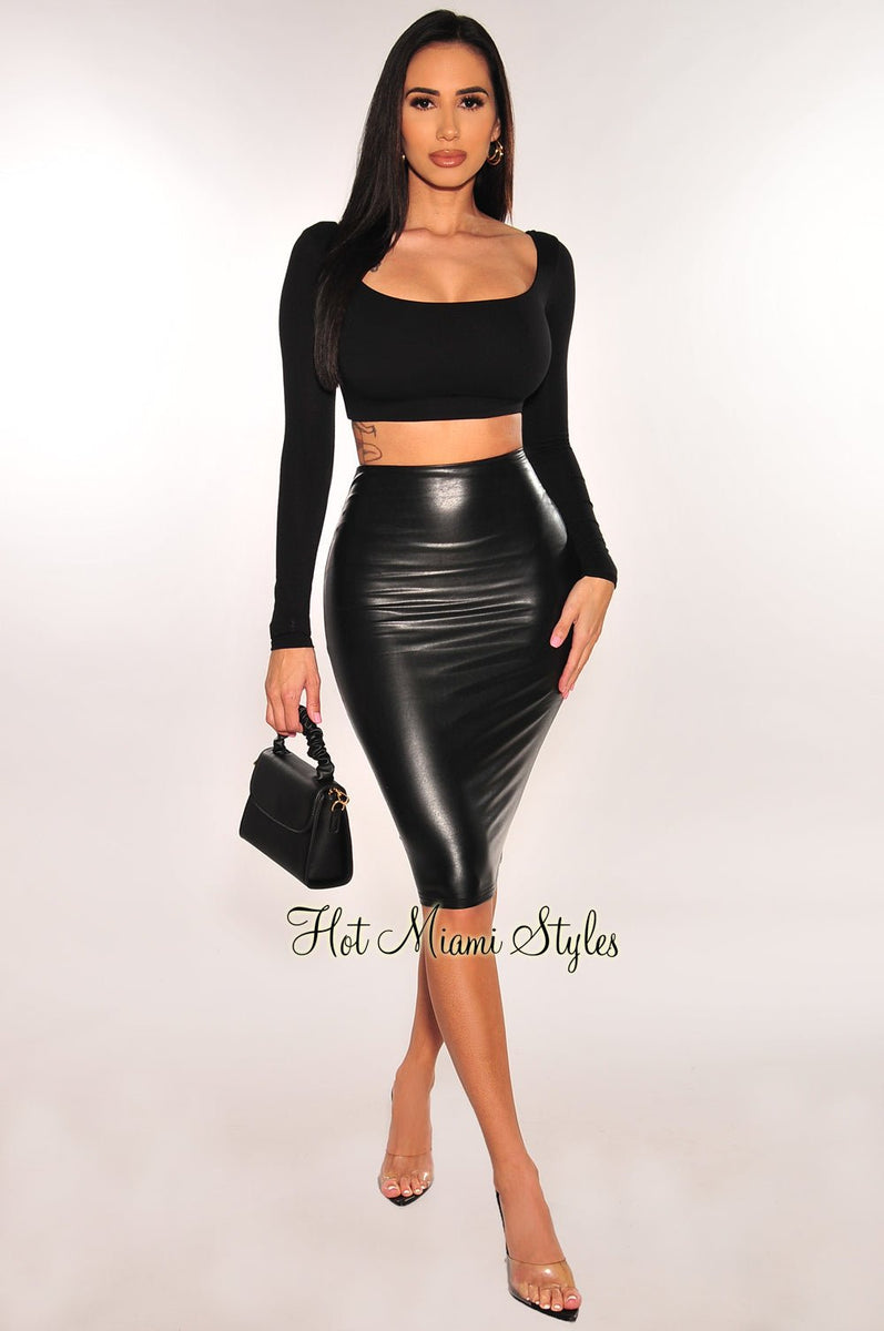 Black Faux Leather High Waist Pencil Skirt - Hot Miami Styles