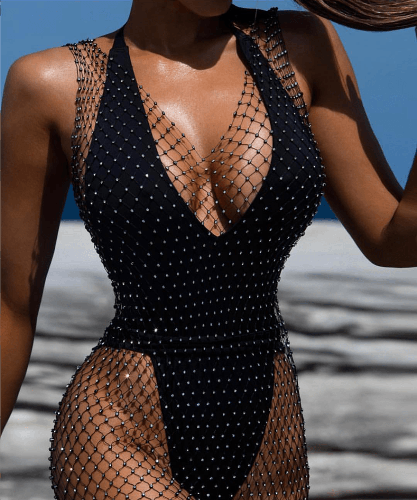 Black fishnet rhinestone cover up shop dress