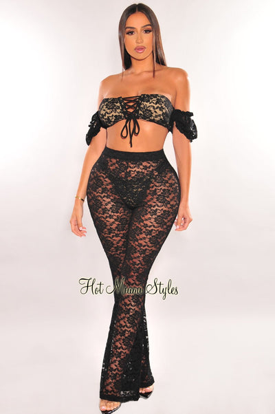 Black Floral Lace Sheer High Waist Flare Cover Up Pants - Hot Miami Styles
