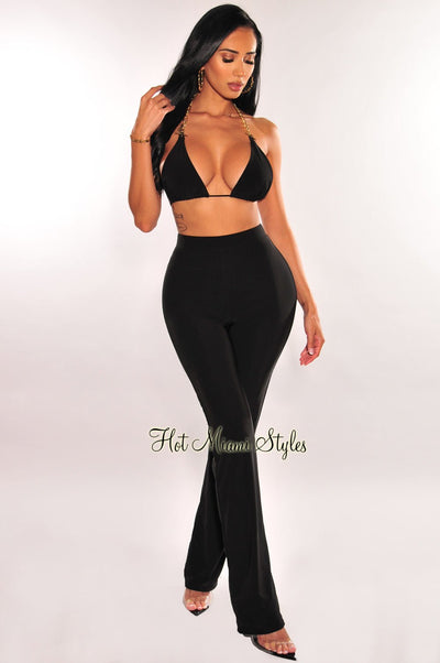 Black Gold Chain Triangle Top High Waist Palazzo Pants Two Piece Set - Hot Miami Styles