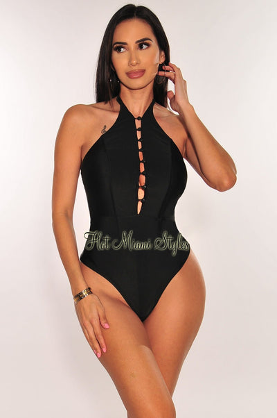 Black Halter Button Up Bodysuit - Hot Miami Styles