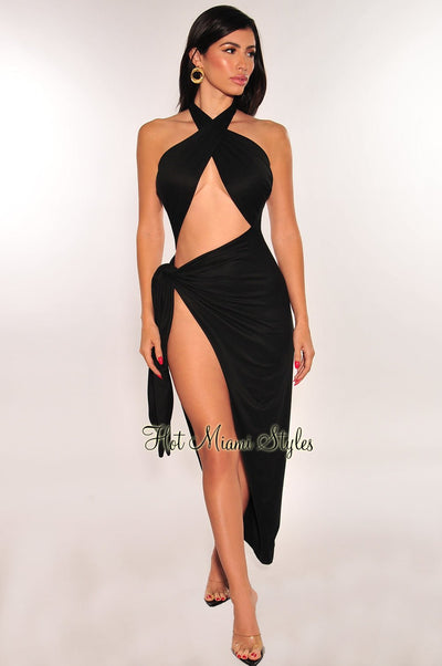 Black Halter Crisscross Cut Out Drape Ruched Slit Dress - Hot Miami Styles