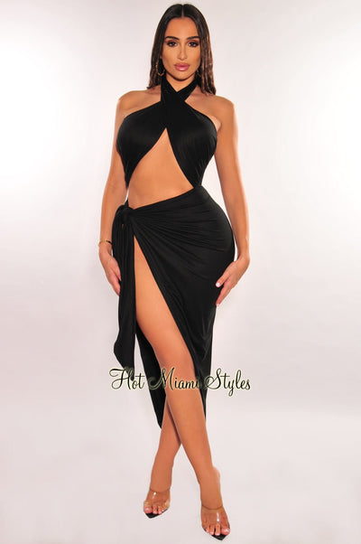Black Halter Crisscross Cut Out Tie Up Asymmetrical Dress - Hot Miami Styles