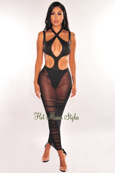 Black Halter Cut Out Mesh Ruched Dress - Hot Miami Styles