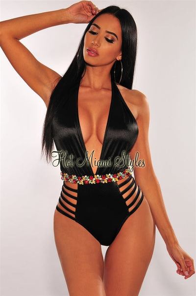 Black Halter Rhinestone Strappy Sides Swimsuit - Hot Miami Styles