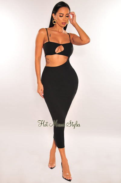 Black Keyhole Ribbed Spaghetti Straps Cut Out Strappy Dress - Hot Miami Styles