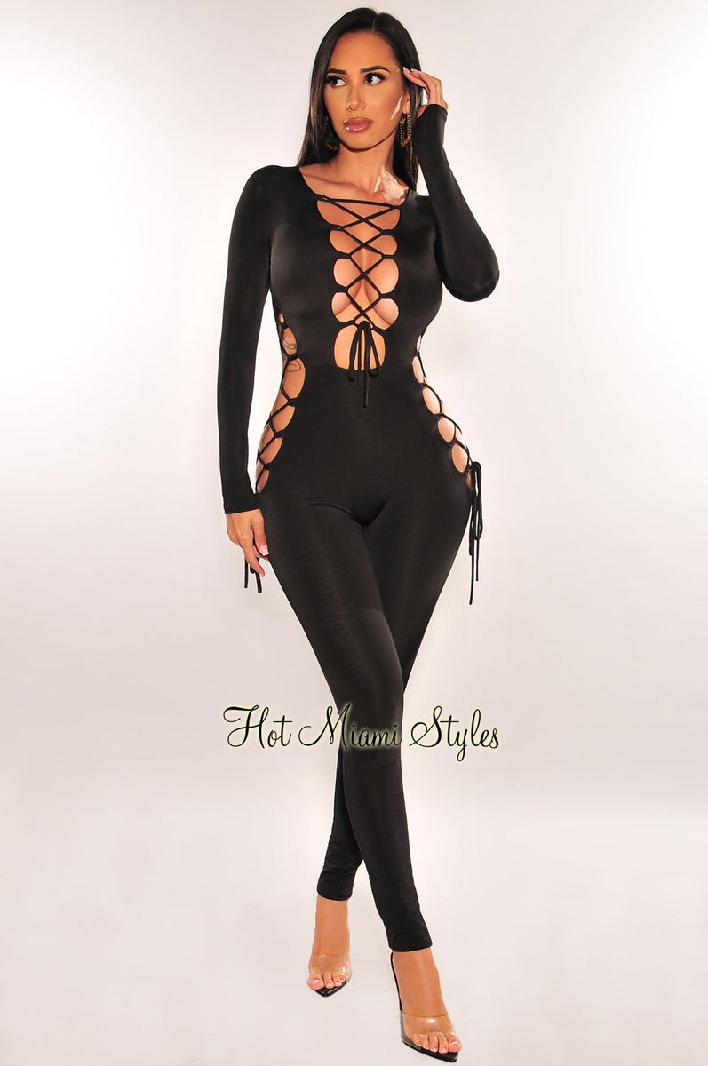 Black Lace Up Cut Out Long Sleeves Jumpsuit – Hot Miami Styles