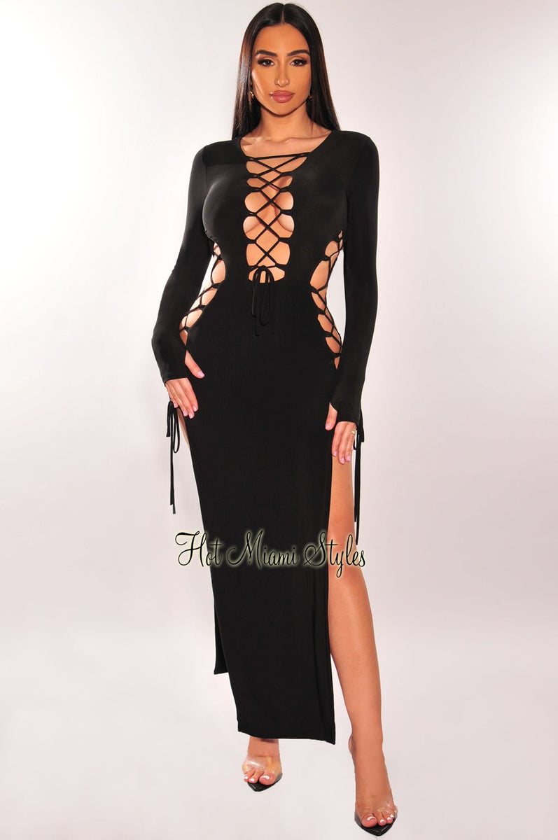 Black Ribbed Mock Neck Lace Up Double Side Slit Dress - Hot Miami