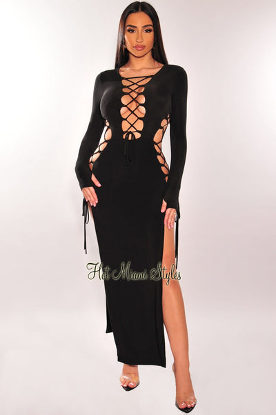 Black Lace Up Long Sleeve Double Slit Dress - Hot Miami Styles