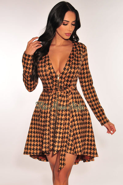 Black Latte Houndstooth Long Sleeve Belted Dress - Hot Miami Styles