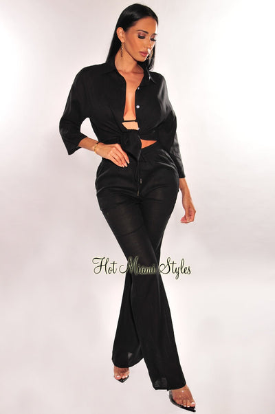 Black Linen Collared Button Up ¾ Sleeves Palazzo Pants Two Piece Set - Hot Miami Styles