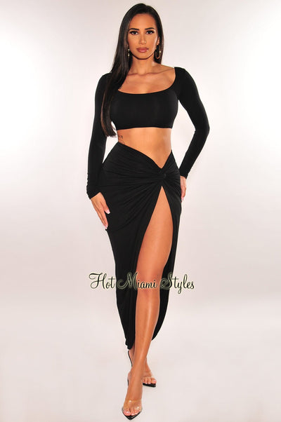 Black Long Sleeves Knotted Slit Skirt Two Piece Set - Hot Miami Styles