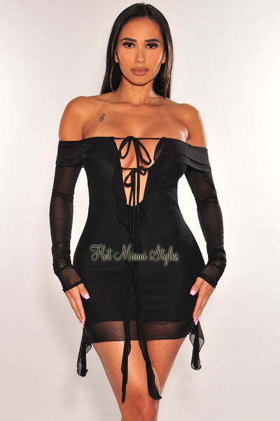 Black Mesh Off Shoulder Tie Up Long Sleeve Ruffle Mini Dress - Hot Miami Styles