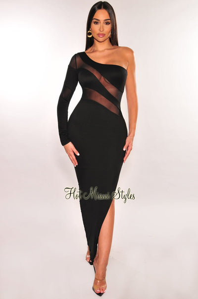 Black Mesh One Sleeve Slit Midi Dress - Hot Miami Styles