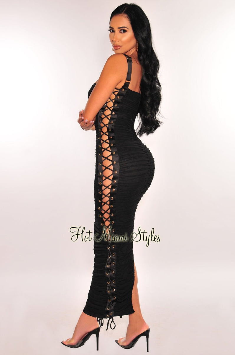 Black Mesh Spaghetti Strap Lace Up Sides Ruched Dress