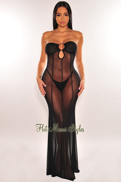 Black Mesh Strapless O-Ring Cover Up Maxi Dress - Hot Miami Styles