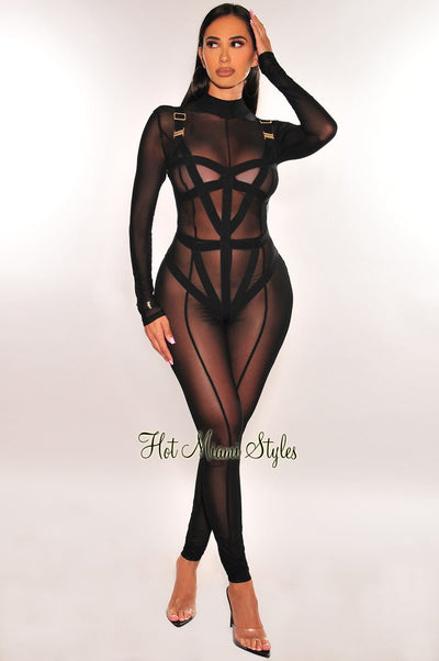 Black Mesh Strappy Bodysuit Long Sleeve Jumpsuit Two Piece Set - Hot Miami Styles