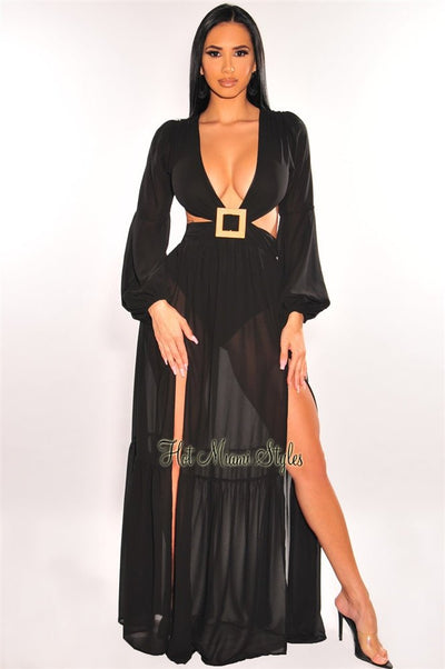 Black Mesh V Neck Cut Out Long Sleeves Double Slit Maxi Dress - Hot Miami Styles