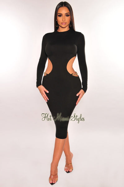Black Mock Neck Gold Chain Cut Out Long Sleeve Dress - Hot Miami Styles