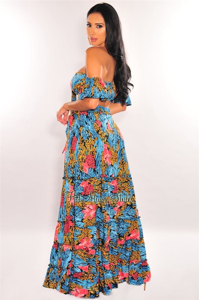Black Multi Color Print Tie Up Wrap Maxi Skirt Two Piece Set Hot